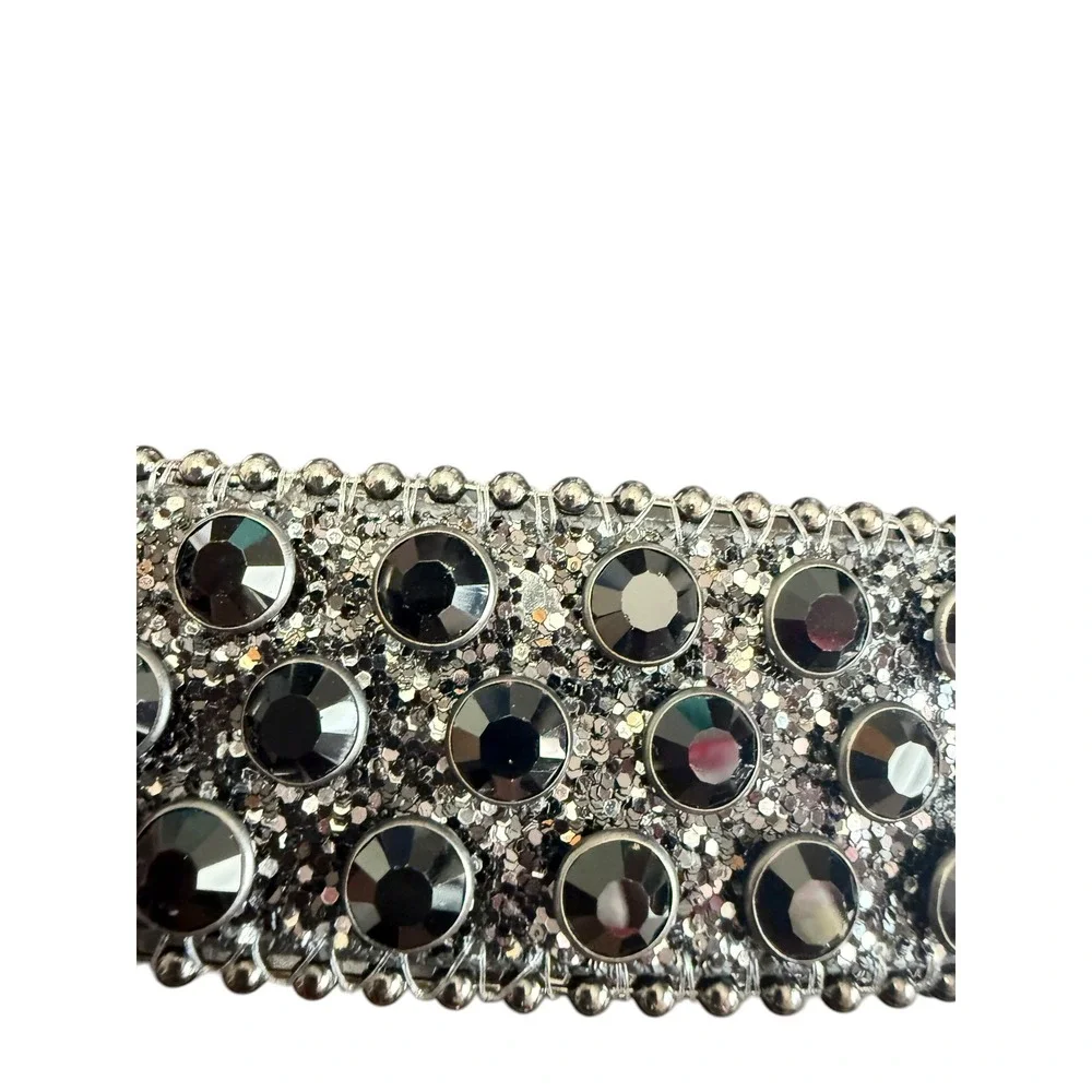 Western Rhinestone Glitter Belt Black Silver Studded Bling 48 Inch Large Buckle